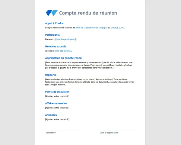 Modèle de compte rendu de réunion avec sections pour l'ordre du jour, les participants, l'approbation, les rapports, les points de discussion, les affaires nouvelles et les annonces.