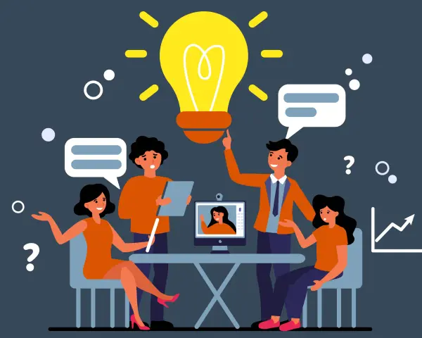 Une équipe discute autour d'une ampoule lumineuse, symbole d'une idée brillante. L'esprit d'analyse est palpable dans leurs échanges, menant à une croissance positive.