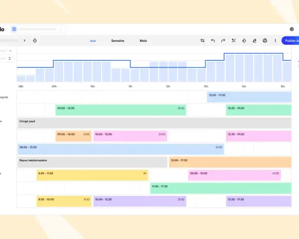 Visualisation du calendrier d'un projet avec les heures de travail planifiées pour chaque membre de l'équipe.