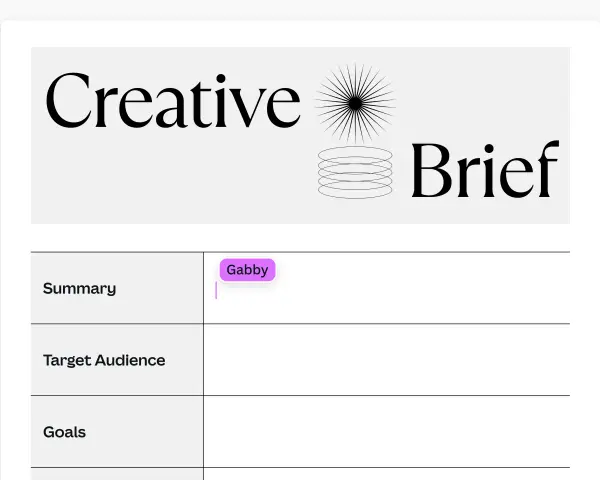Extrait d'un exemple de feuille de briefing créatif. Le titre "Creative Brief" est visible, ainsi que les sections "Summary", "Target Audience" et "Goals".