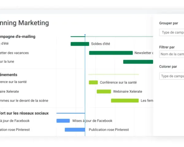 Planning Marketing : un gantt projet affiche les campagnes d'e-mailing, événements et réseaux sociaux.