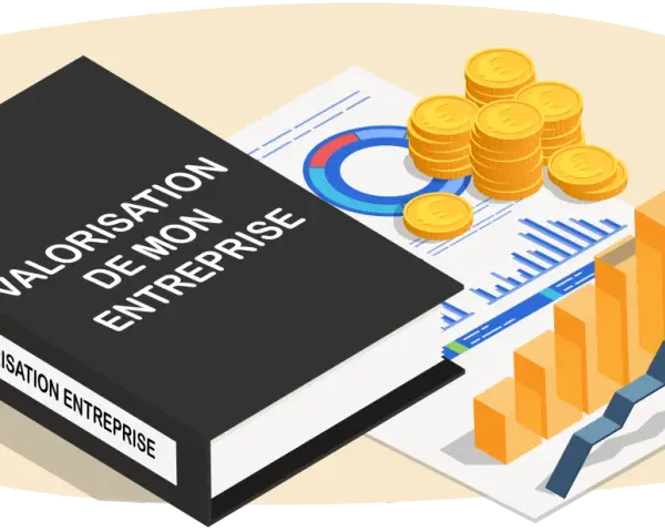 Livre "Valorisation de mon entreprise" avec graphiques, pièces d'or et barreaux montrant la croissance.