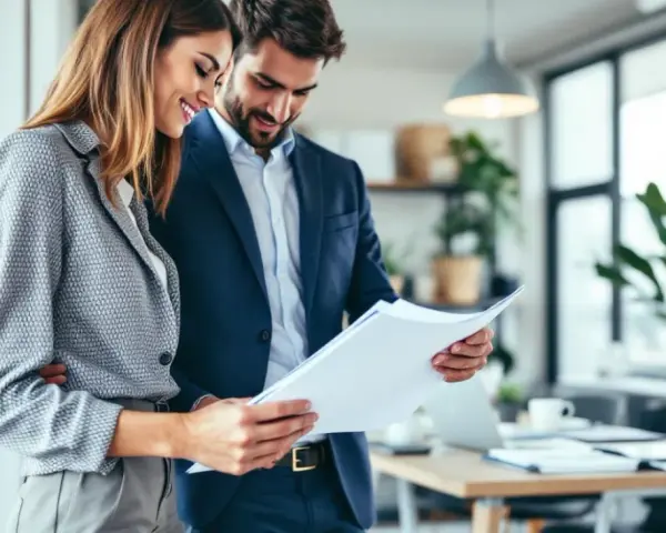 Un couple d'affaires examine des documents, illustrant une gestion multi projet réussie dans un bureau moderne.