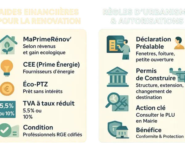 Tableau comparatif des aides financières pour la rénovation et des règles d'urbanisme.