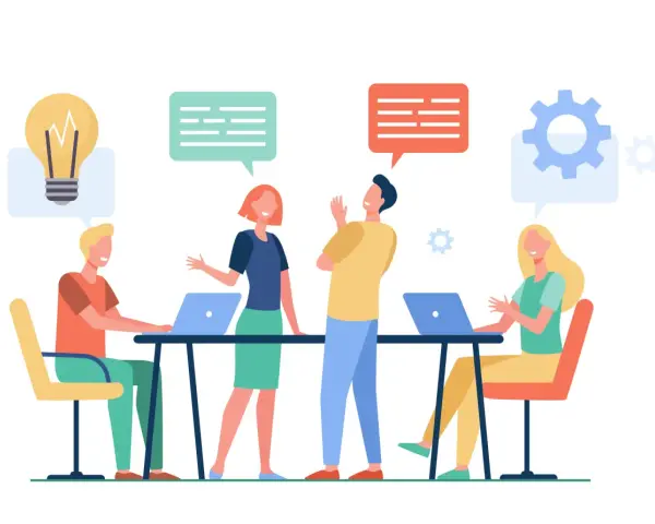 Des personnes échangent des idées lors d'une réunion de formation. Une ampoule symbolise l'inspiration, des bulles de dialogue et des engrenages représentent la collaboration et la résolution de problèmes.