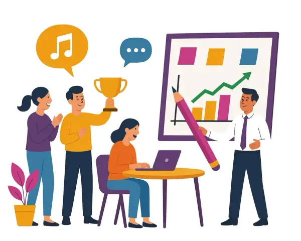 Une équipe célèbre ses succès avec une communication interne originale : trophée, musique, et présentation de graphiques dynamiques.