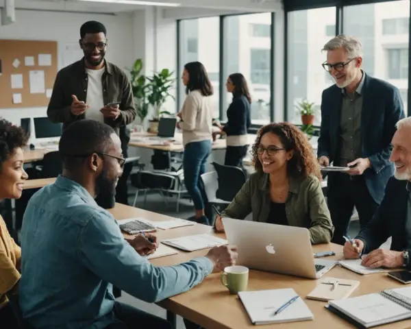 Une équipe diverse discute autour d'une table, illustrant la définition d'une plateforme collaborative : un espace de travail partagé pour une meilleure synergie.