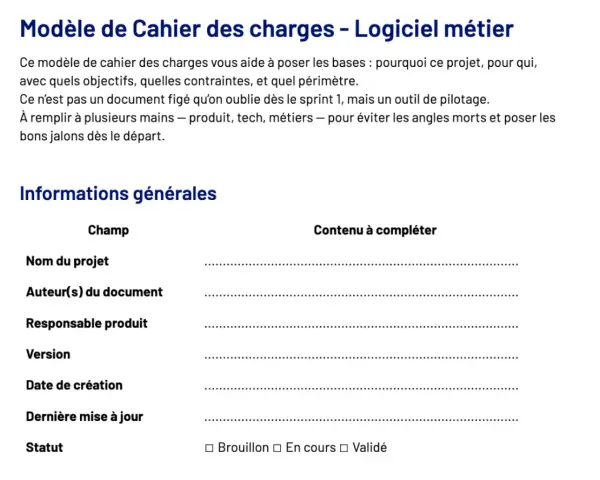 Modèle de cahier des charges pour un logiciel métier. Ce document sert de guide pour définir les objectifs, contraintes et périmètre d'un projet.