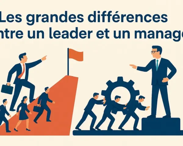 Illustration montrant la différence entre manager et leader : un leader guide vers un sommet, un manager dirige une équipe poussant une roue dentée.