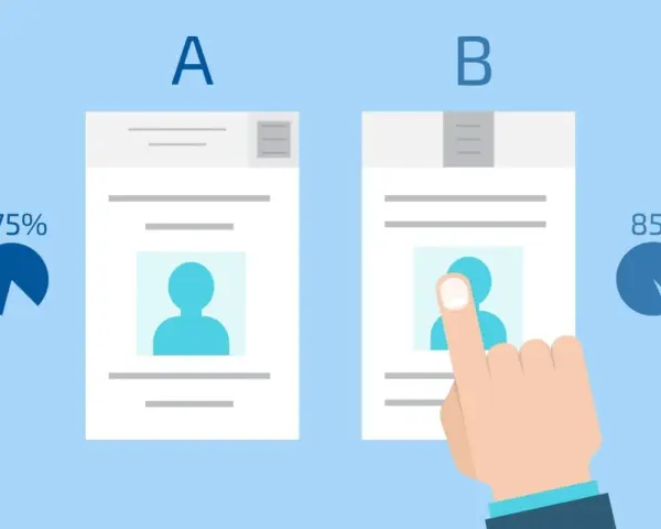 Test A/B pour developper un produit : 75% vs 85%. Une main interagit avec la version B.