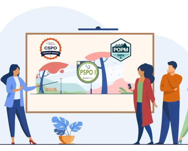 Une équipe discute des certifications : CSPO, PSPO I et POPM SAFe 6.