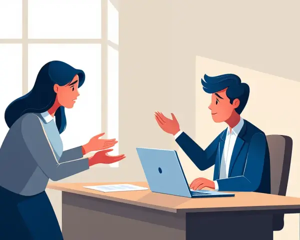 Une femme exprime son mécontentement, mains tendues, face à un homme en costume souriant derrière un bureau avec un ordinateur portable.