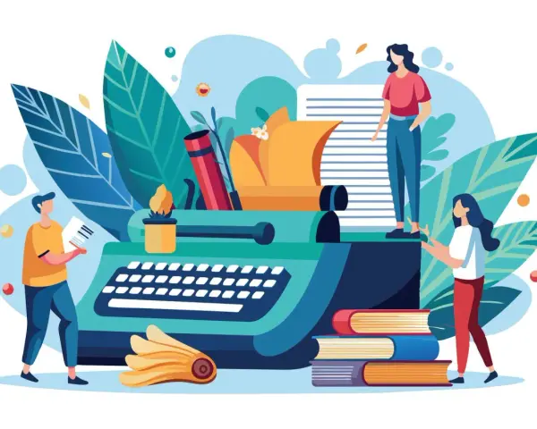 Des gens créatifs autour d'une machine à écrire, un exemple de note d'information sur l'écriture et la lecture.