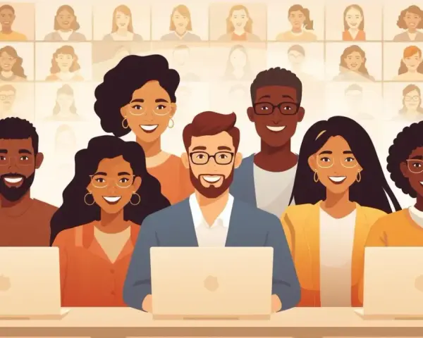Une équipe diversifiée participe à une réunion virtuelle, illustrant le **team building digital**.