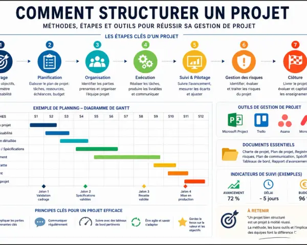 Les étapes clés d'un projet : cadrage, planification, organisation, exécution, suivi, gestion des risques et clôture. Ce schéma illustre la portée d'un projet.