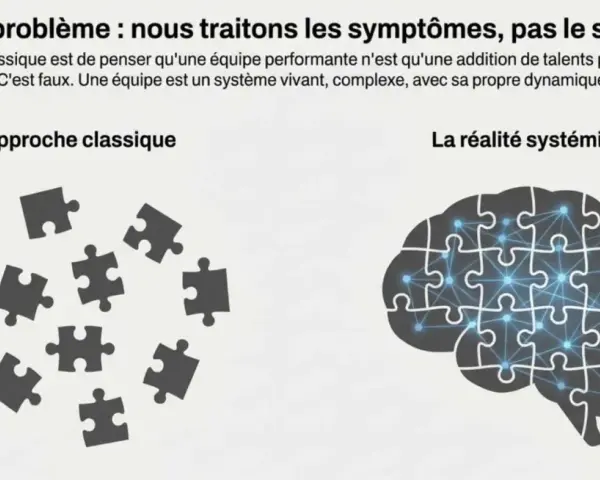 Illustration pour un atelier cohésion de groupe : pièces de puzzle éparpillées vs. un cerveau formé de pièces assemblées, symbolisant le système.