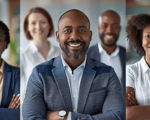 Une équipe diversifiée et souriante, prête à déléguer les tâches pour atteindre le succès.