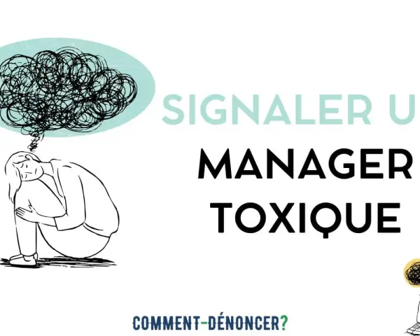 Une personne accablée par des pensées chaotiques, symbolisant le stress causé par un mauvais manager. Le texte invite à signaler un manager toxique.