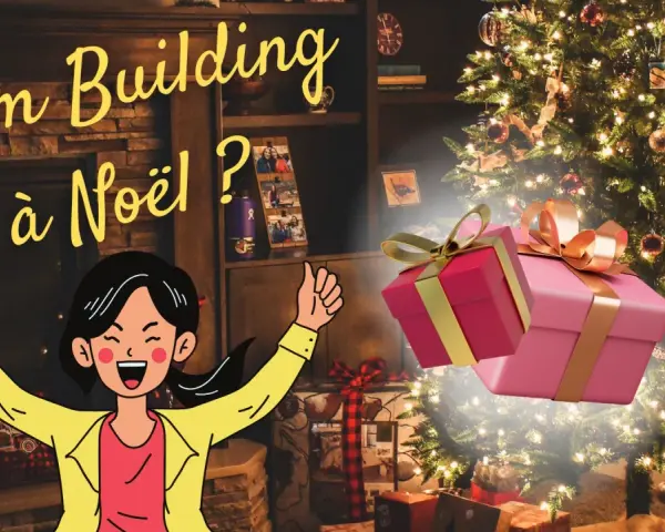 Ambiance festive pour des jeux de Noël entre collègues : un sapin scintillant, des cadeaux et une illustration joyeuse.
