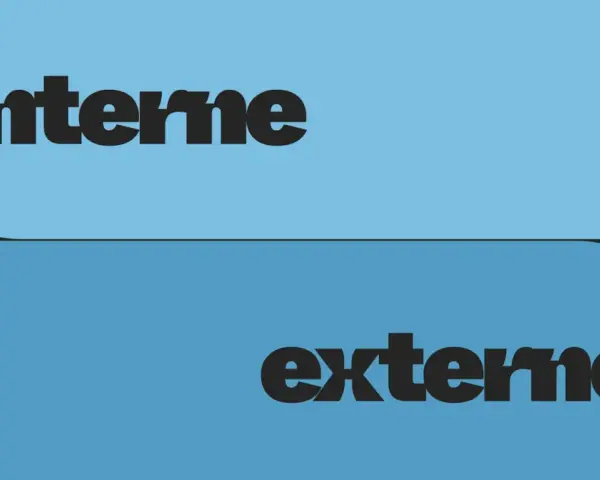 Deux blocs bleus superposés, l'un avec le mot "interne", l'autre avec "externe". Une illustration visuelle de la communication externe et interne.