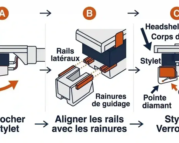 Schéma illustrant l'installation d'un diamant de Leavitt sur un corps de cellule. Le stylet est approché, aligné avec les rainures, puis verrouillé avec un clic.