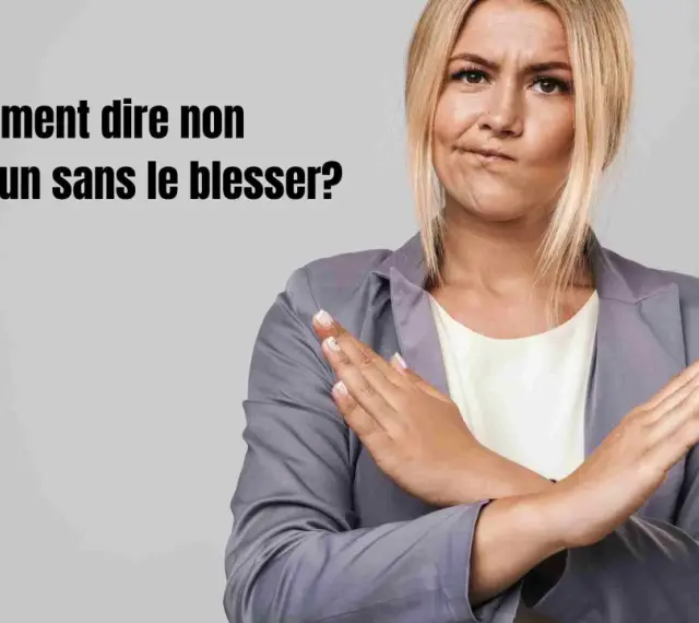 Une femme fait un signe de refus avec ses bras croisés, illustrant comment dire non poliment.