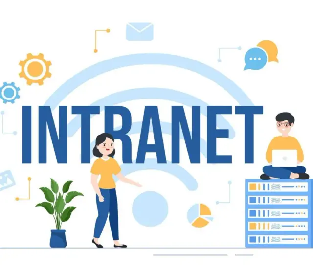 Illustration d'un intranet, avec des icônes de communication et des personnes interagissant avec la technologie pour une communication interne fluide.