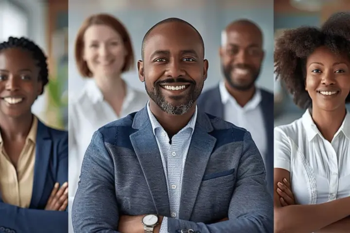 Une équipe diversifiée et souriante, prête à déléguer les tâches pour atteindre le succès.