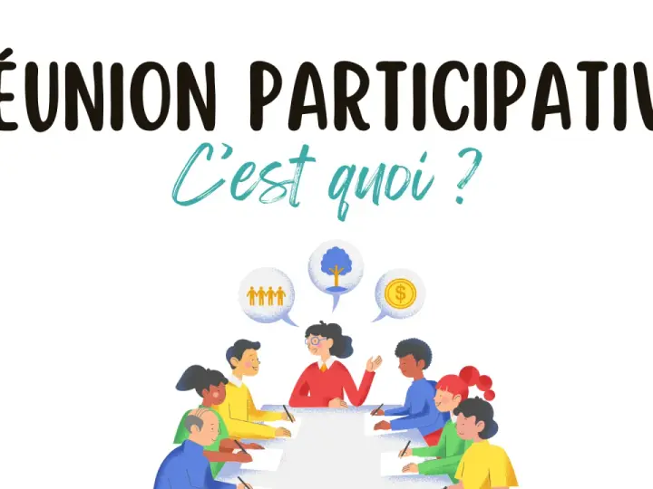 Illustration d'une réunion participative avec des bulles de pensée symbolisant la collaboration, la croissance et la prospérité.
