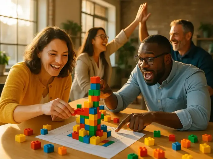 Des personnes s'amusent lors d'une animation de groupe jeux, construisant une tour colorée avec des blocs.