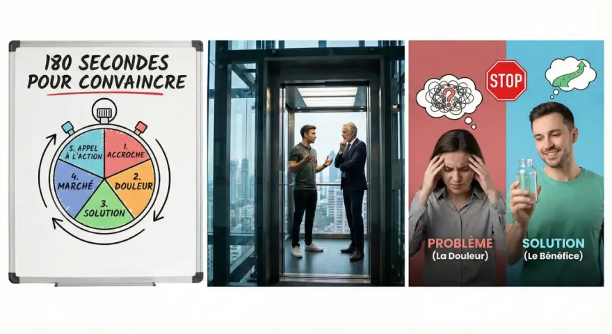 Un exemple de pitch de présentation personnelle : un schéma de chronomètre avec les étapes "Accroche", "Douleur", "Solution", "Marché", "Appel à l'action".