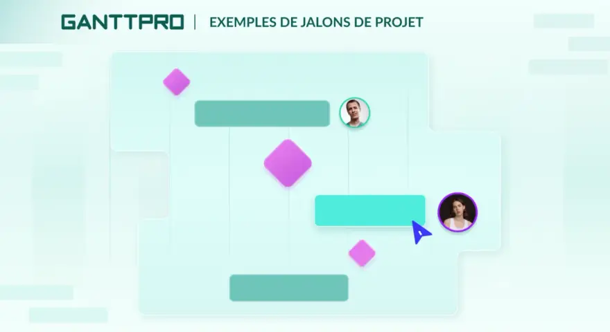 GanttPRO présente des exemples de jalons de projet avec des barres de tâches et des marqueurs de jalon, illustrant la progression et les étapes clés.