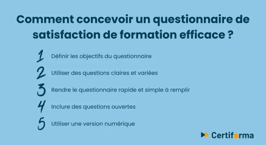 Comment créer un questionnaire de satisfaction de formation efficace : définir objectifs, questions claires, simplicité, questions ouvertes, version numérique.