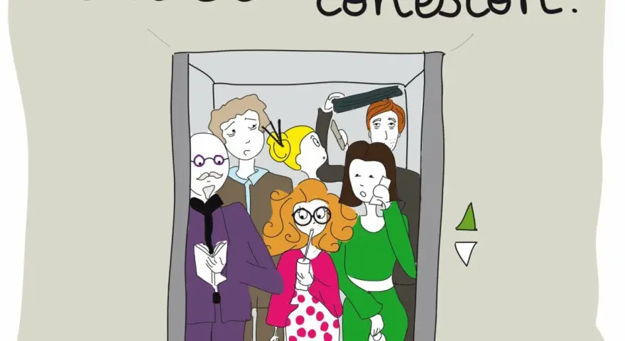 Ascenseur bondé, une scène de gif travail humour. Les gens sont serrés, certains semblent agacés, d'autres pensifs.