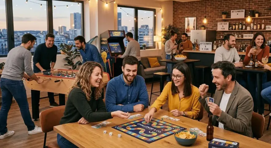 Des employés profitent d'un week-end entreprise animé avec jeux de société, baby-foot et bornes d'arcade. Ambiance conviviale et ludique.