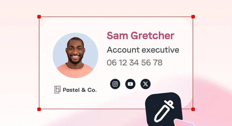 Signature mail de Sam Gretcher, Account executive chez Pastel & Co. Un exemple de signature respectant le droit à la déconnexion.