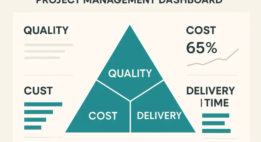 Tableau de bord de gestion de projet : triangle divisé en Qualité, Coût et Délai. Le contrôle de gestion projet est essentiel.
