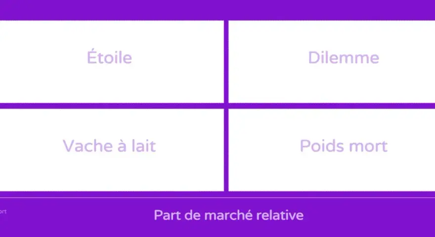 Matrice BCG : Étoile, Dilemme, Vache à lait, Poids mort. Analyse de la croissance du marché et de la part de marché relative.
