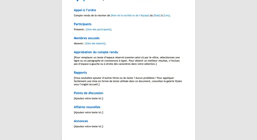 Modèle de compte rendu de réunion avec sections pour l'ordre du jour, les participants, l'approbation, les rapports, les points de discussion, les affaires nouvelles et les annonces.