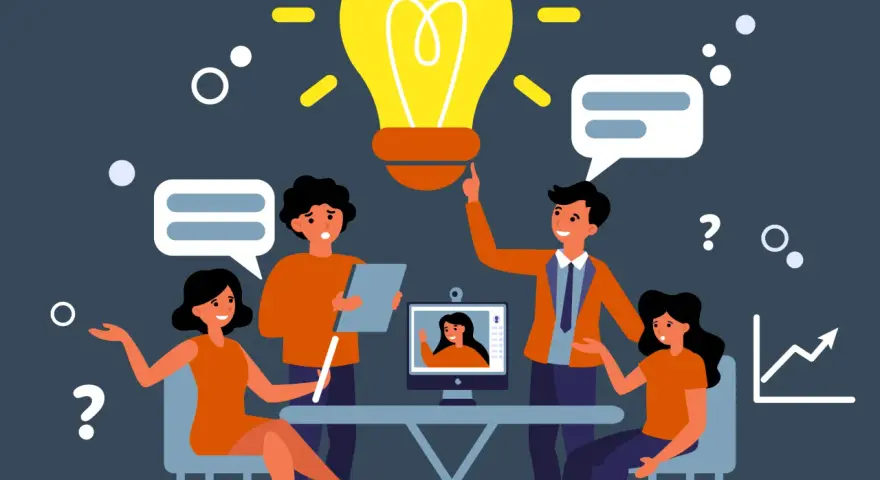 Une équipe discute autour d'une ampoule lumineuse, symbole d'une idée brillante. L'esprit d'analyse est palpable dans leurs échanges, menant à une croissance positive.