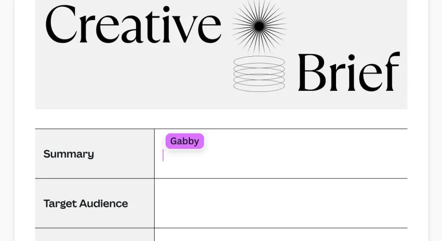 Extrait d'un exemple de feuille de briefing créatif. Le titre "Creative Brief" est visible, ainsi que les sections "Summary", "Target Audience" et "Goals".