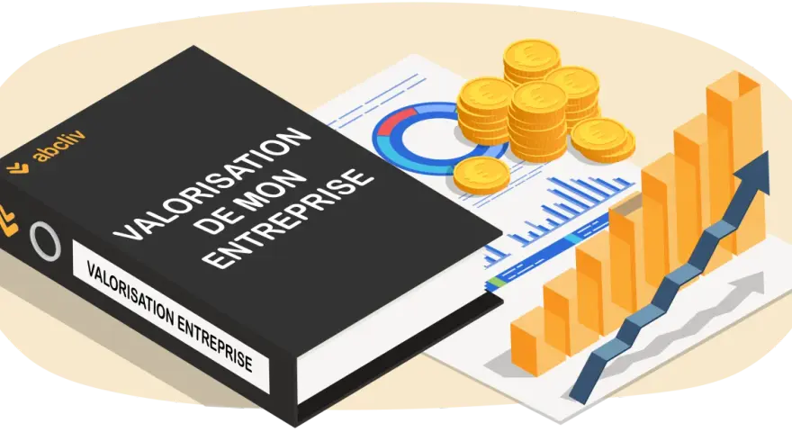 Livre "Valorisation de mon entreprise" avec graphiques, pièces d'or et barreaux montrant la croissance.