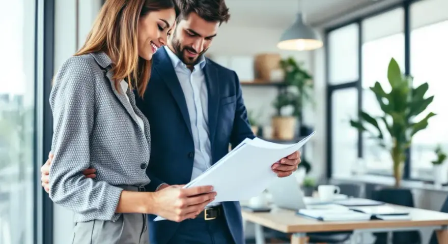 Un couple d'affaires examine des documents, illustrant une gestion multi projet réussie dans un bureau moderne.
