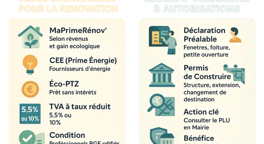 Tableau comparatif des aides financières pour la rénovation et des règles d'urbanisme.