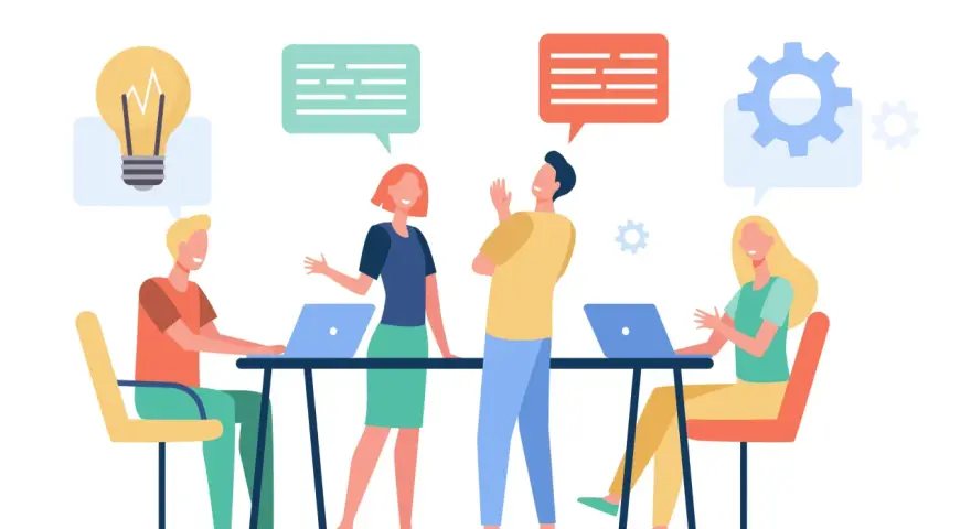 Des personnes échangent des idées lors d'une réunion de formation. Une ampoule symbolise l'inspiration, des bulles de dialogue et des engrenages représentent la collaboration et la résolution de problèmes.