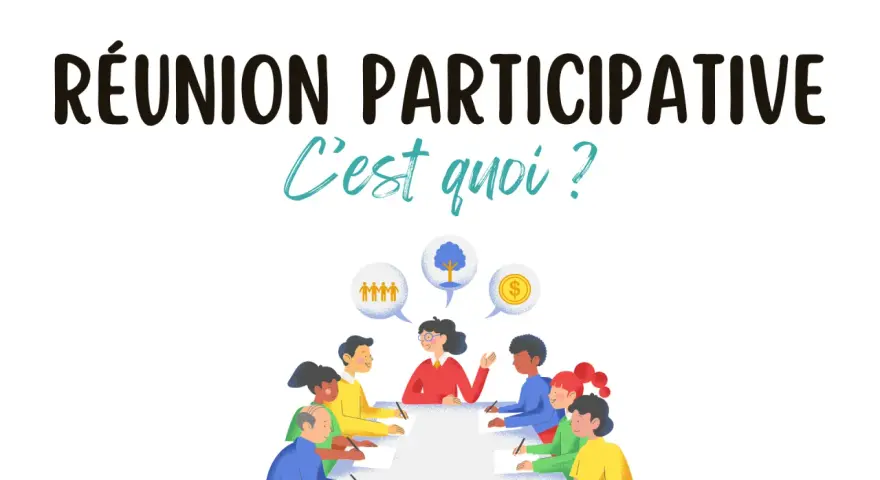 Illustration d'une réunion participative avec des bulles de pensée symbolisant la collaboration, la croissance et la prospérité.
