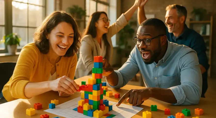 Des personnes s'amusent lors d'une animation de groupe jeux, construisant une tour colorée avec des blocs.