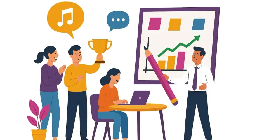 Une équipe célèbre ses succès avec une communication interne originale : trophée, musique, et présentation de graphiques dynamiques.