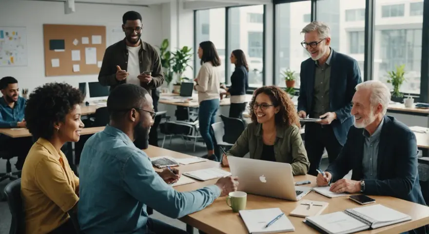 Une équipe diverse discute autour d'une table, illustrant la définition d'une plateforme collaborative : un espace de travail partagé pour une meilleure synergie.