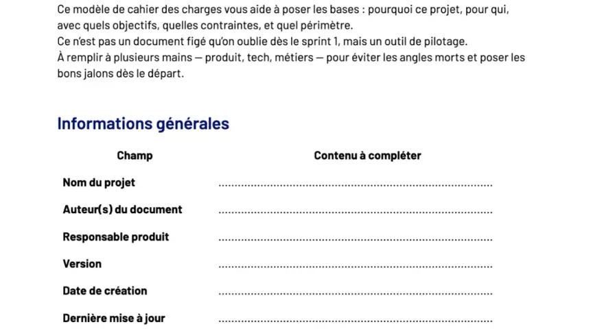 Modèle de cahier des charges pour un logiciel métier. Ce document sert de guide pour définir les objectifs, contraintes et périmètre d'un projet.